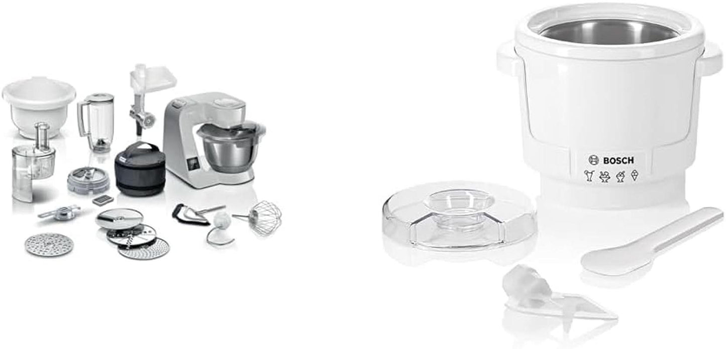 Bosch Serie 4 MUM5X720 Küchenmaschine, integrierte Waage, Edelstahlschüssel 3,9 l, Mixer 1,25 l, 1000 W, Zubehör für Lebensmittel und Stillen, Bebe Naty Shop-Paket mit Eismaschine, Silbergrau, 6 Zubehörteile