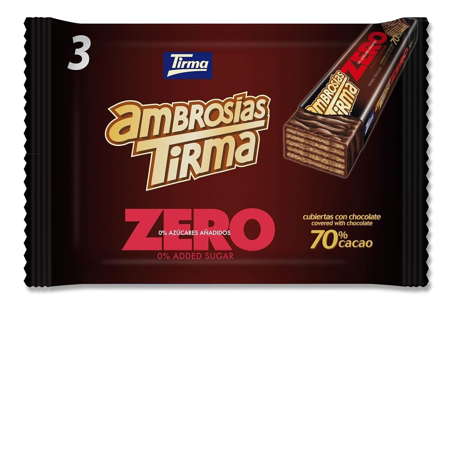 Waffeln mit dunkler Schokolade Tirma 70% Kakao | Ohne Zuckerzusatz | Geeignet für Keto-Diäten | Low Carb | Für Diabetiker Schokoladenwaffeln im Multipack | 3 Stück | 64,5 g