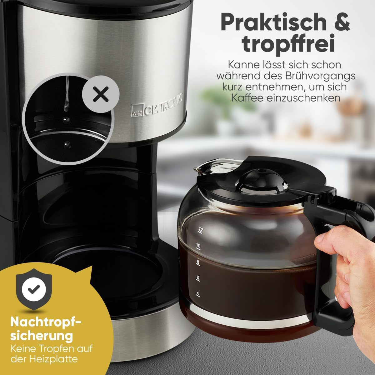 Kaffee-Espressomaschine mit Clatronic®-Filter | für 12-14 Tassen | Kaffee-Espressomaschine mit Filter | Edelstahlgehäuse | Anti-Tropf | Espresso | Kaffee-Espressomaschine mit Filter | 800W | KA 3808