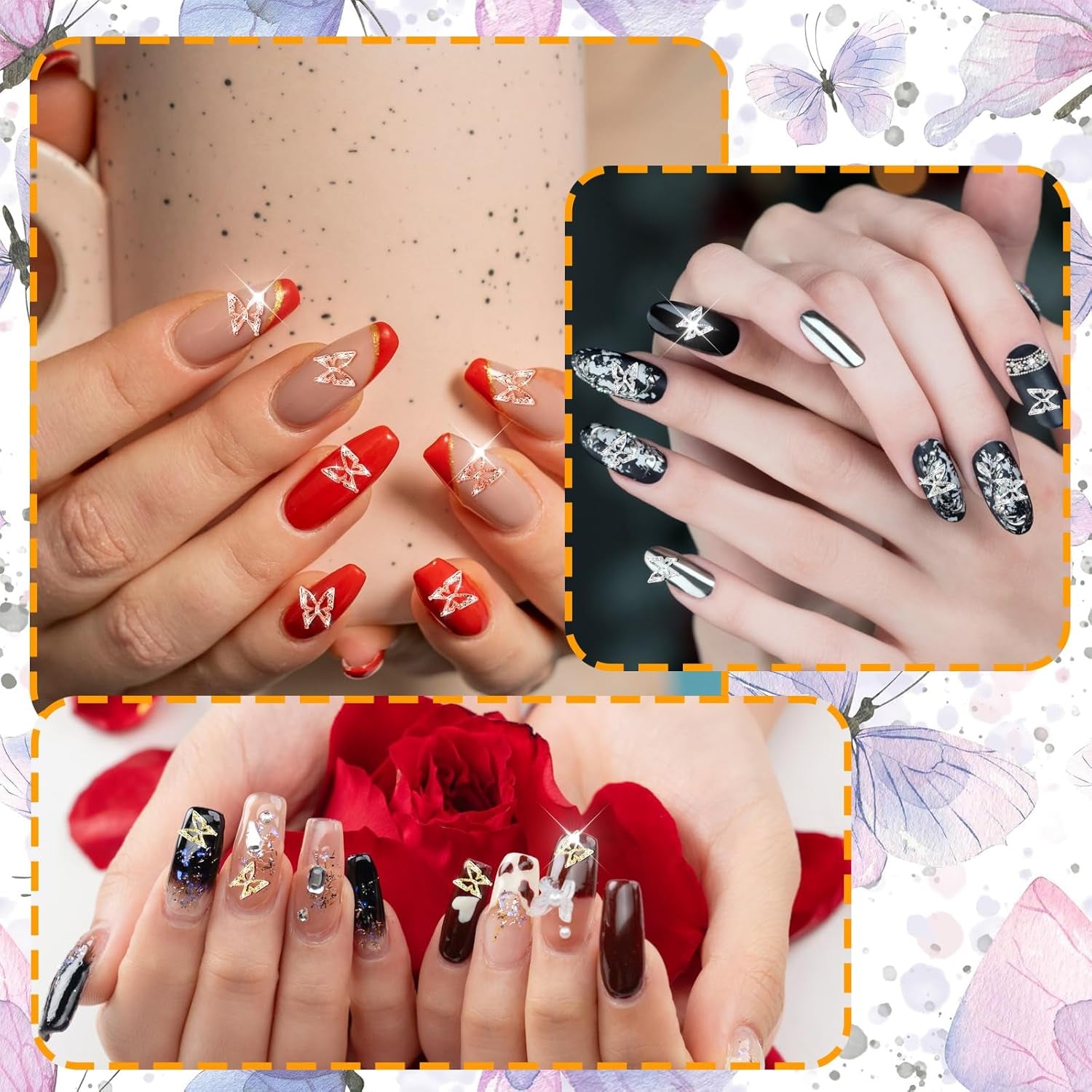 80 Stück 3D-Schmetterlings-Nagelanhänger, Legierung, Schmetterling, Gold, Silber, Glitzer, Nagelkunst-Dekorationen, Nagelschmuck, Zubehör, DIY, Maniküre für Frauen
