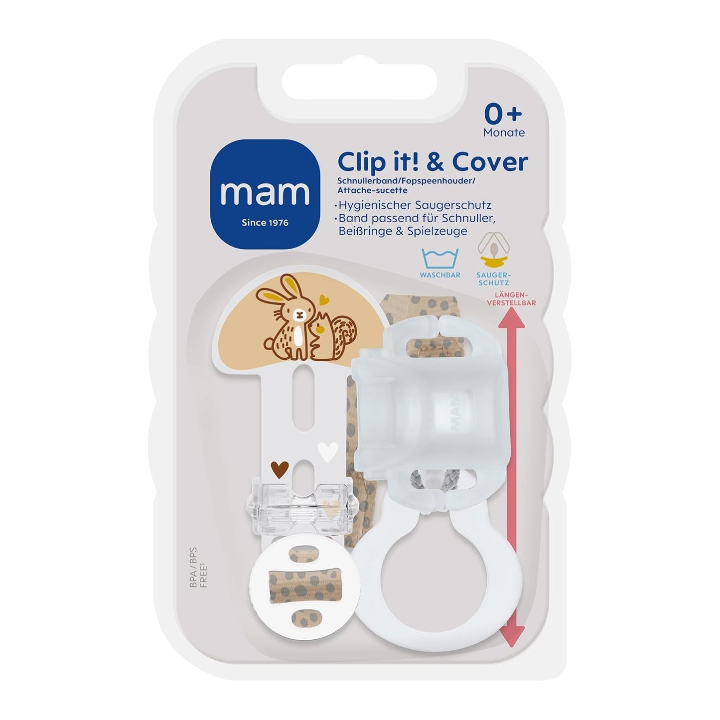 MOM Clip it! & Cover Schnullerband mit Saugerschutz, Längenverstellbarer Schnullerhalter mit abnehmbarem Ring, Geeignet für Schnuller, Beißringe und Spielzeug, Hase