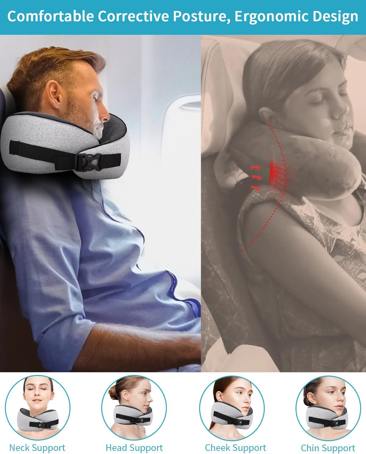 Flugzeug-Nackenkissen, Memory-Schaum-Reisekissen, Nackenkissen für Erwachsene, verstellbares waschbares Flugzeugkissen, ergonomisches Reisekissen (grau). Orthopädische Halskissen von Naty Shop