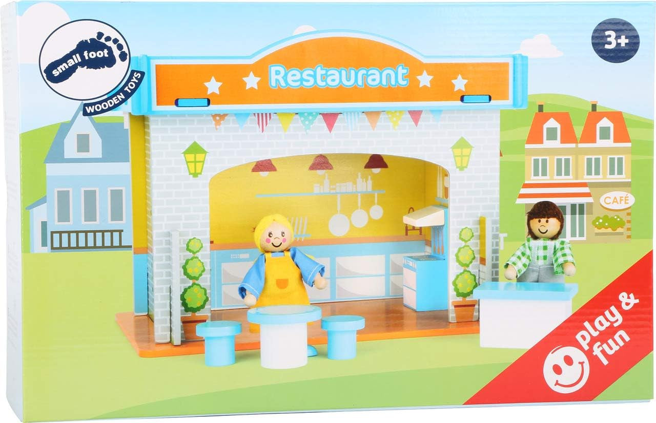 Small Foot 10852 Spielhaus Restaurant aus Holz, mit 2 Puppenfiguren, Zubehör und abnehmbarem Dach, ab 3 Jahren Naty Shop Puppenhäuser