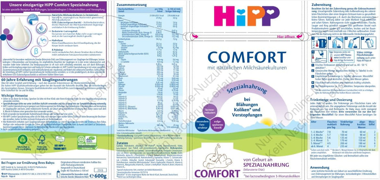 Spezielle Formel HiPP Comfort (4 x 600 g), ab der Geburt, mit reduziertem Laktosegehalt, zur diätetischen Behandlung von Koliken, Blähungen und Verstopfung