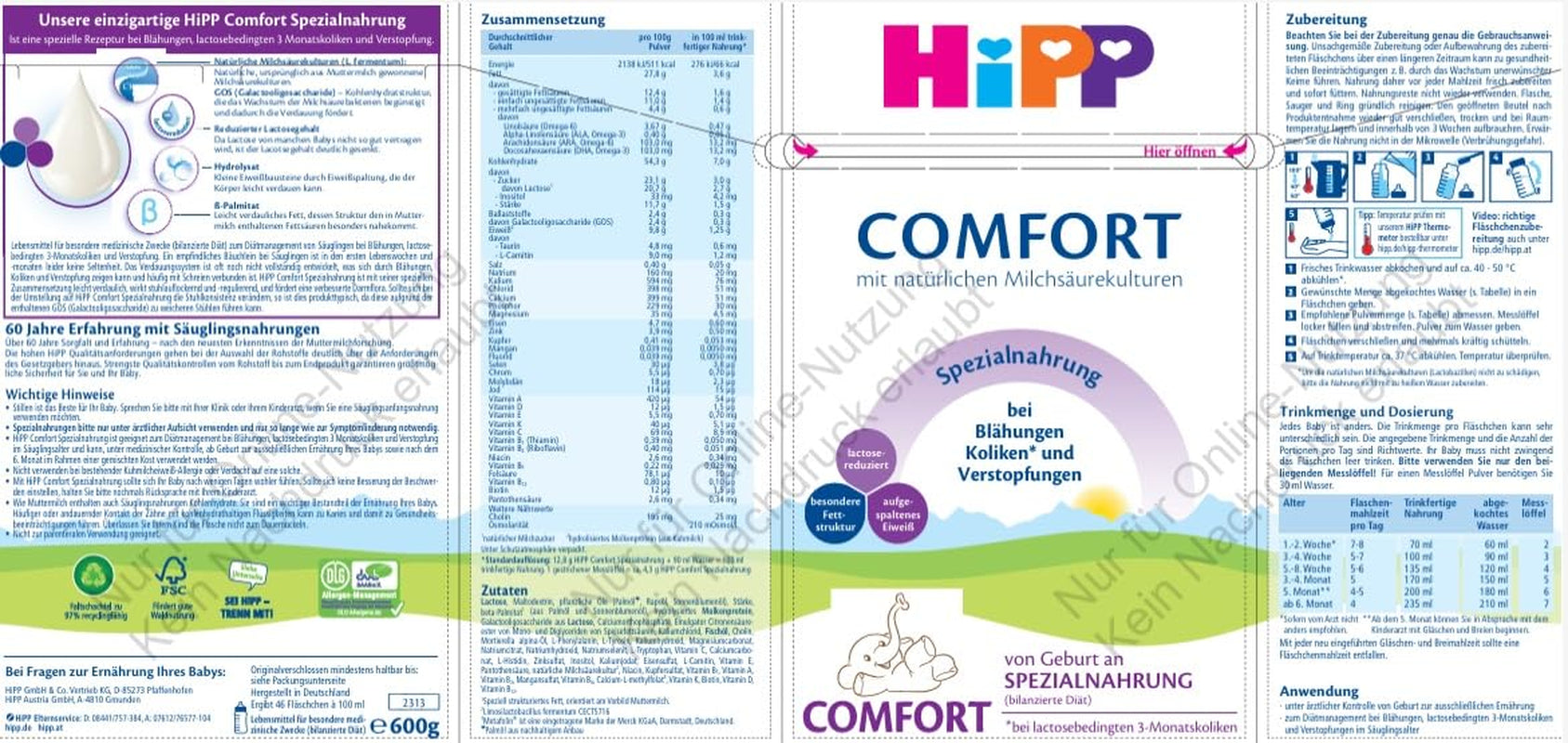 Spezielle Formel HiPP Comfort (4 x 600 g), ab der Geburt, mit reduziertem Laktosegehalt, zur diätetischen Behandlung von Koliken, Blähungen und Verstopfung