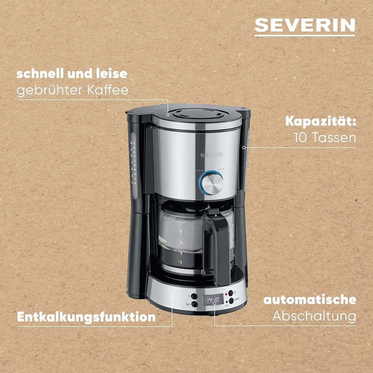 SEVERIN Espressomaschine „TypeSwitch“ mit Glaskaraffe und Timer, AromaSwitch zur Auswahl von 2 Brühoptionen, Digitaluhr mit Timerfunktion, für bis zu 10 Tassen, 1000 W, Edelstahl gebürstet-schwarz, KA 4826
