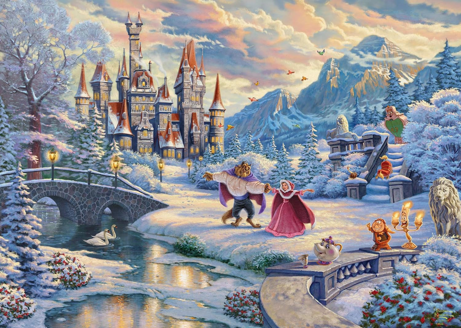 Schmidt Spiele 59671 Thomas Kinkade, Disney, Die Schöne und das Biest, Magischer Winterabend, Puzzle 1000 Teile Puzzle Naty Shop