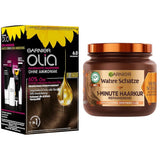 Garnier Olia Haarfarbe 6.0 Hellbraun + True Treasures Repair Treatment (340 ml) für strapaziertes Haar – Färben ohne Ammoniak, natürliche Öle, Abdeckung grauer Haare, Honig und Bienenwachs, weniger Haarbruch. Haarfärbemittel Naty Shop Haarfarbe + Repair Treatment