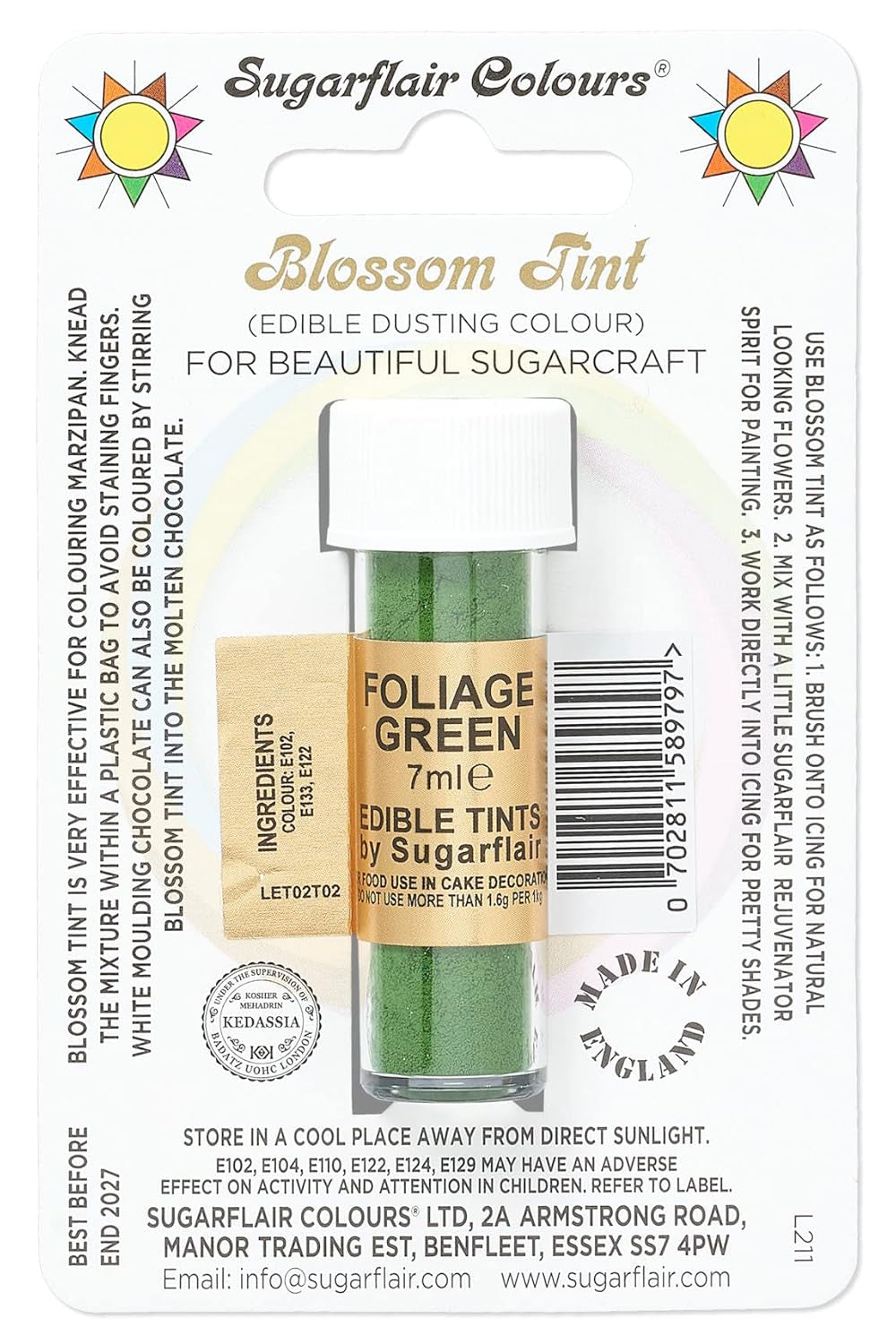 Lebensmittelfarbpulver Sugarflair Blossom Tint Dusting – Lebensmittelfarbpulver zum Dekorieren von farbiger Zuckerpaste, Fondant, Glasur, Schokolade, Buttercreme, Makronen – 7 ml