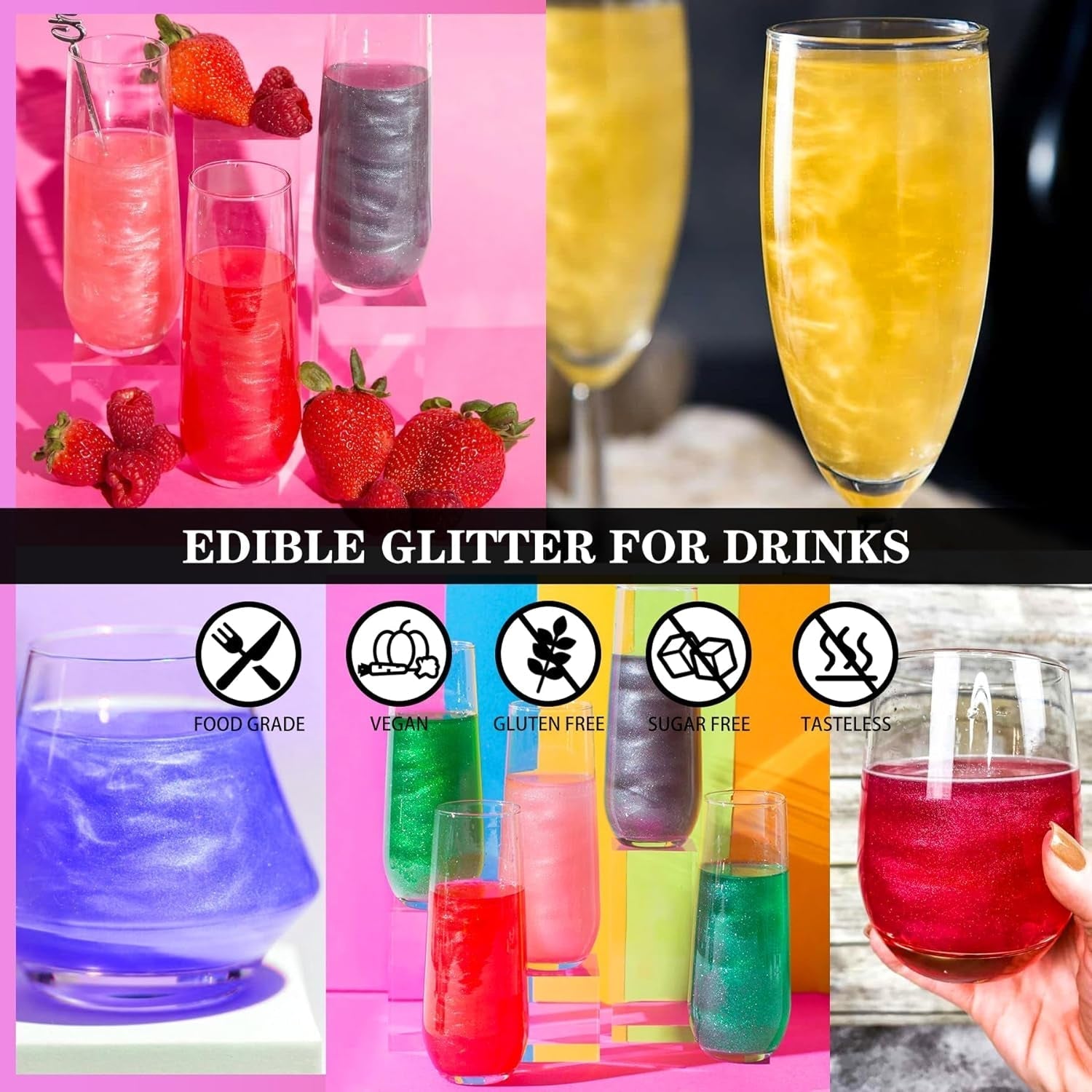 Essbarer Glitzer-Glitter – 4 Farben essbares Glitzerpulver, Glitzerpulver für Getränke, Lebensmittel, Kuchen – essbares metallisches Lebensmittelfarbpulver zum Backen, Cocktails – 5 g/Flasche