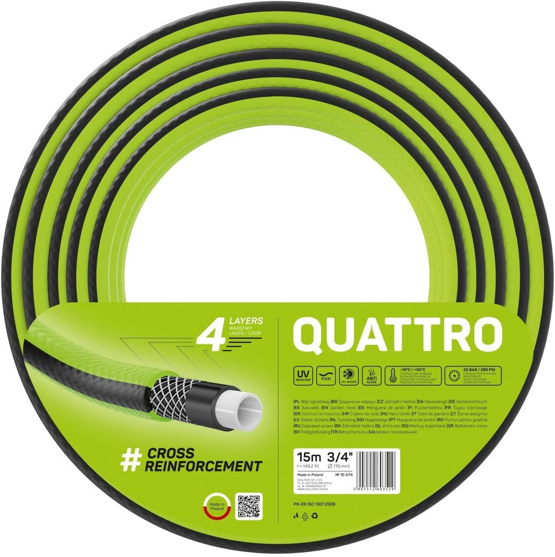 Cellfast QUATTRO Gartenschlauch, langlebig, leicht, 4-lagiger, UV-beständiger Drahtschlauch, Kreuzgeflecht, 20 Bar, 3/4 Zoll, 15 m, 10-074