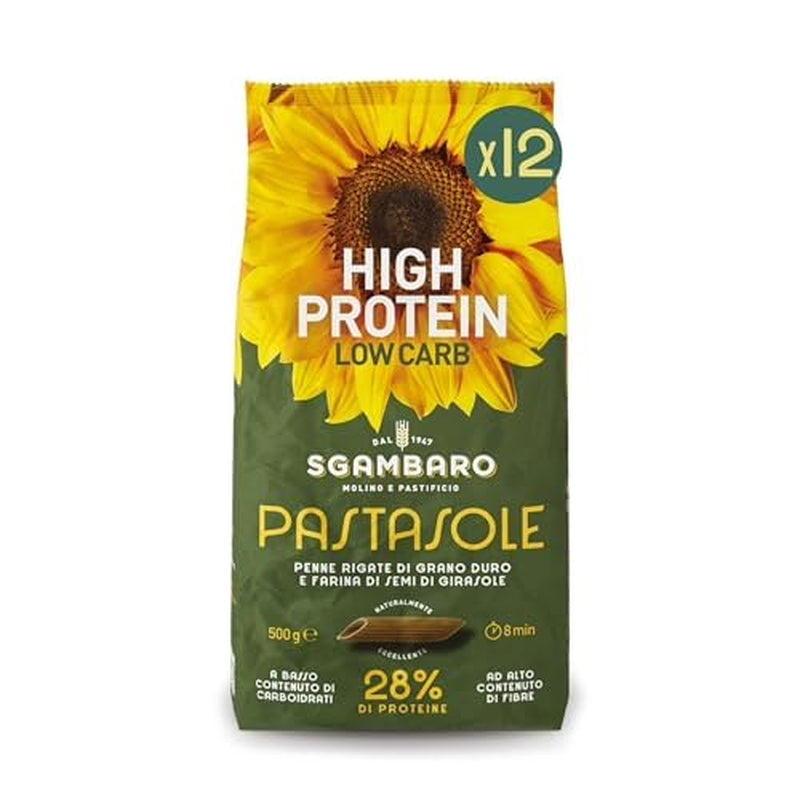 PASTASOLE , Penne Rigate mit Hartweizengrieß aus 100% italienischem Anbau und Sonnenblumenkernmehl – ​​500g – High Protein, Low Carb, Hoher Ballaststoffgehalt