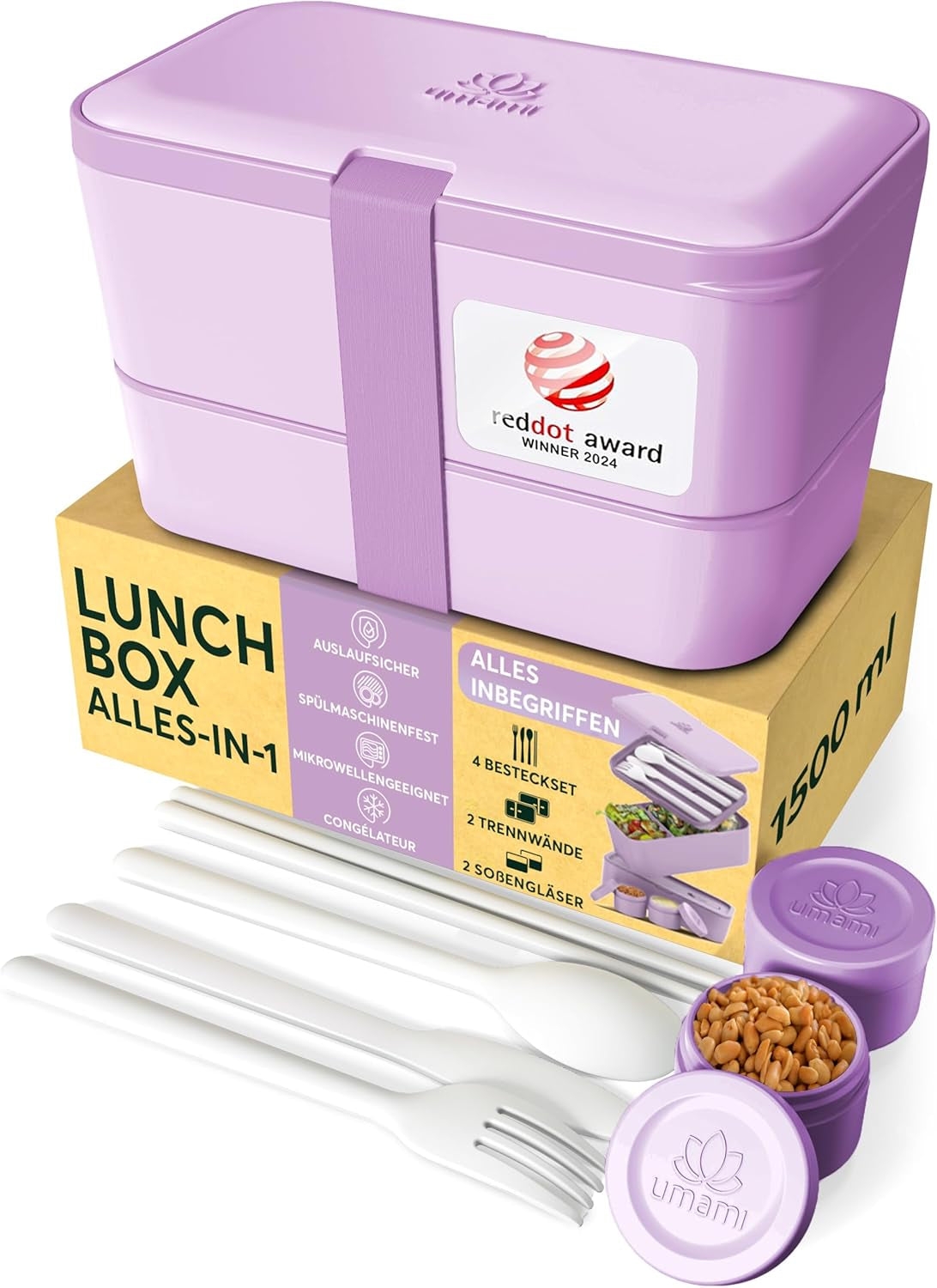 Umami-Lunchbox für Erwachsene, 4 Besteckteile und Fächer, auslaufsichere stapelbare Bento-Box, Lunchbox für Erwachsene, To-go-Salatbehälter, Picknick-/Büro-Lunchbox, Anthrazitgrau, 1500 ml Frischhaltedosen Naty Shop Lavender Purple L – 1500 ml Ineinander stapelbar