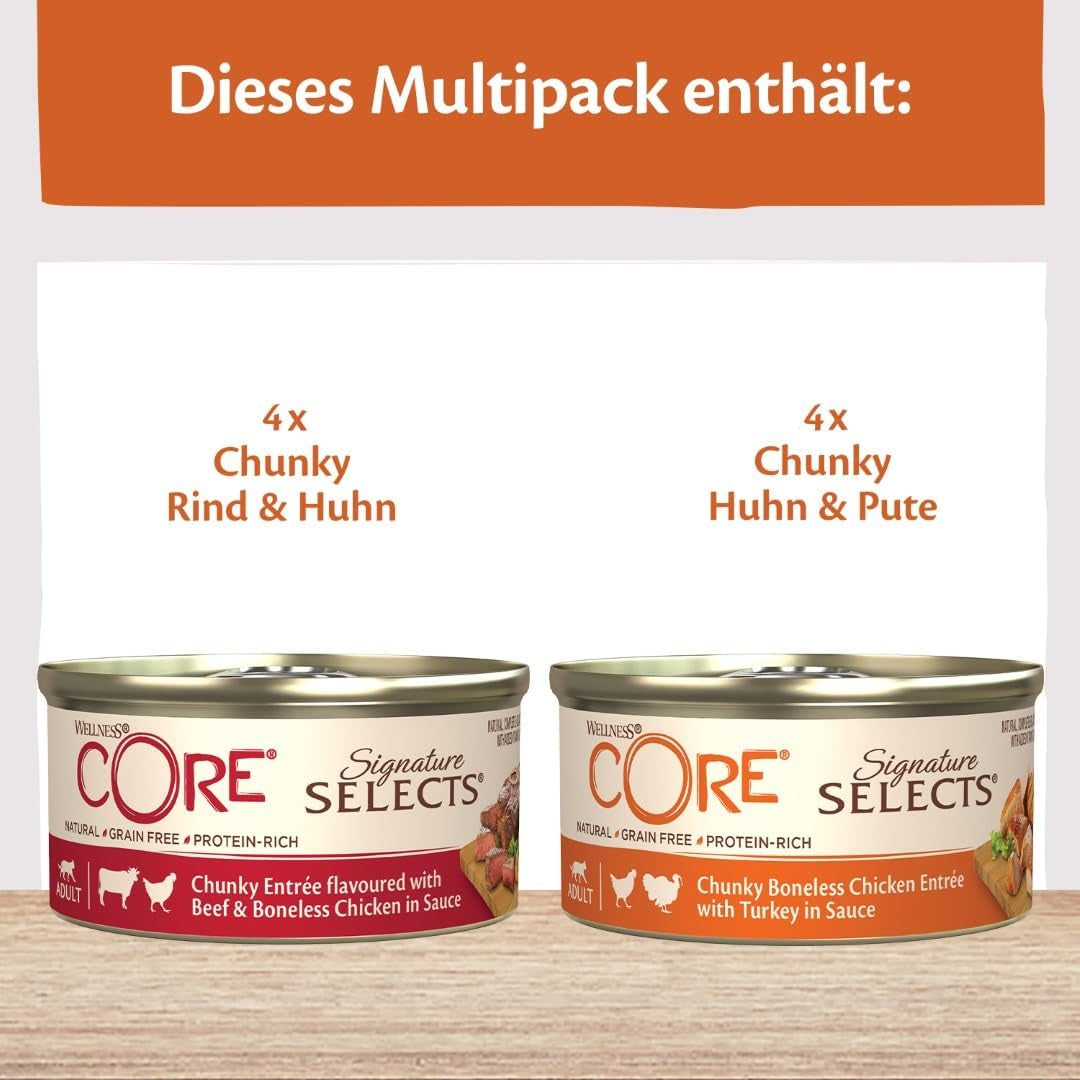 Wellness CORE Signature Selects 8 x 79 g, Mischung aus Rind, Huhn und Truthahn – Nassfutter für Katzen, köstliche Streifen in Soße, getreidefrei, natürlich, hypoallergen, proteinreich, reich an Fleisch