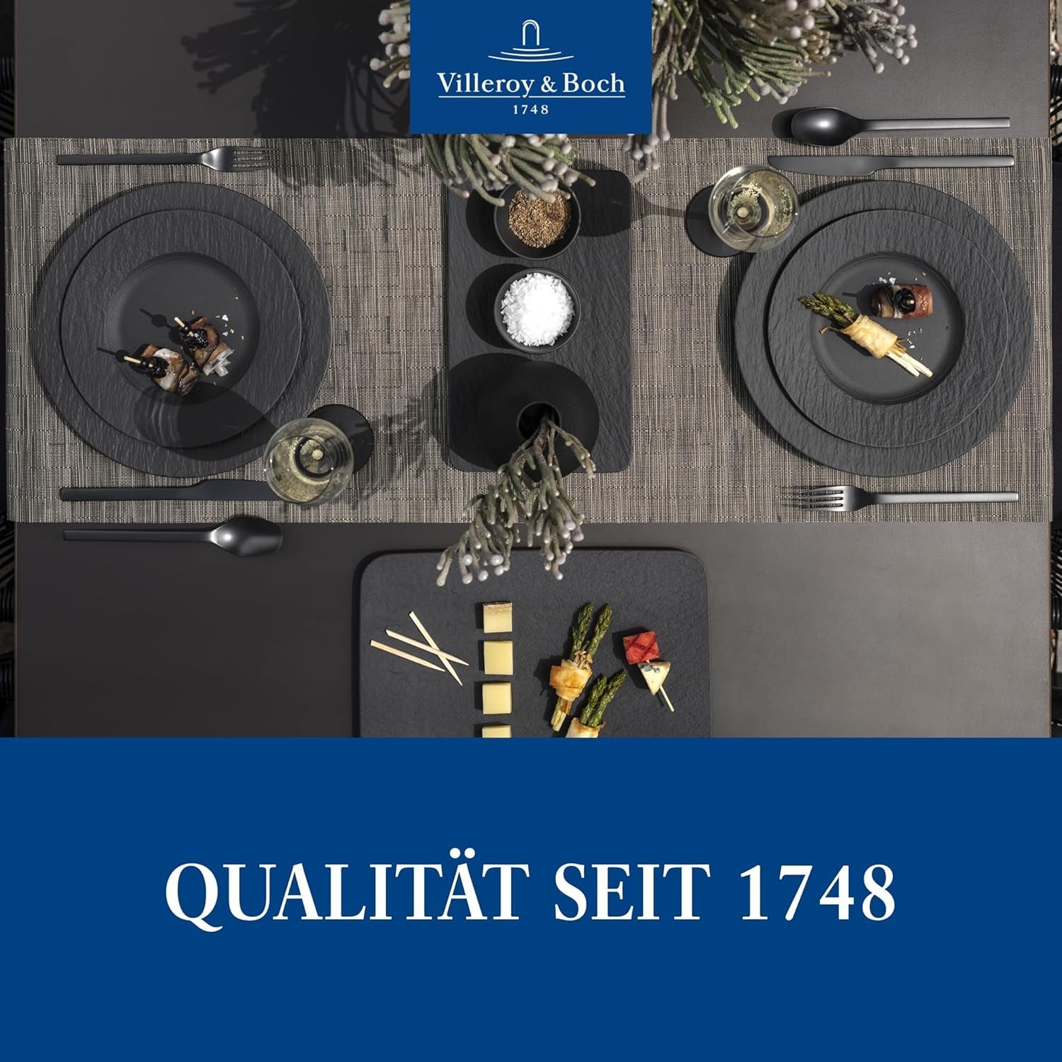 Villeroy & Boch Manufacture Rock Starter-Set, 6-teilig, schwarz, spülmaschinenfest, mikrowellengeeignet, mattschwarzes Geschirrset, Geschirr, Besteck, Premium-Porzellan
