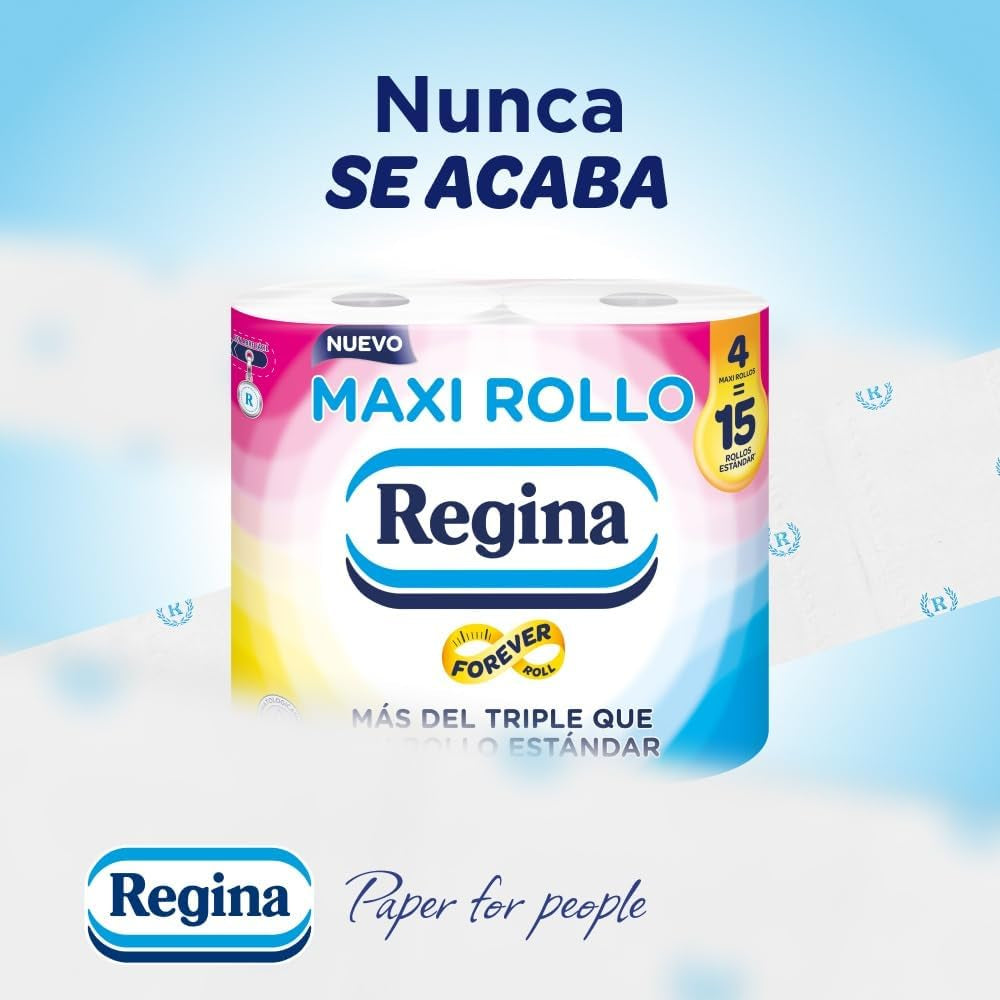 Regina Maxi-Roll – 4 Rollen Toilettenpapier, 500 2-lagige Blätter pro Rolle, mehr als das Dreifache einer Standardrolle, 60 % recycelte Kunststoffverpackung, 100 % FSC-zertifiziertes Papier