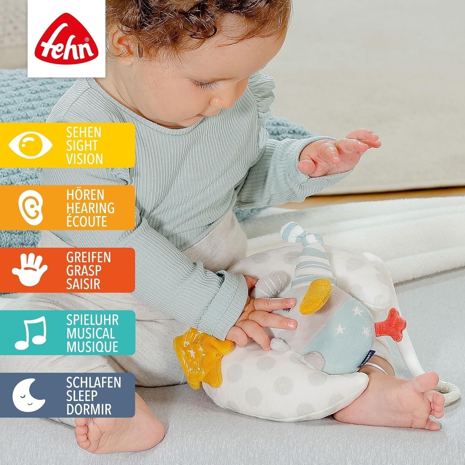 Fehn Spieluhr Elefantenbaby im Mond - Stickerei „Glow-in-the-dark“ mit dem Lied „Der Mond ist aufgegangen“ – Plüschtier zum Einschlafen – Spielzeug für Kinder unterwegs und zu Hause – ab 0+ Monaten Babyspielzeug Naty Shop