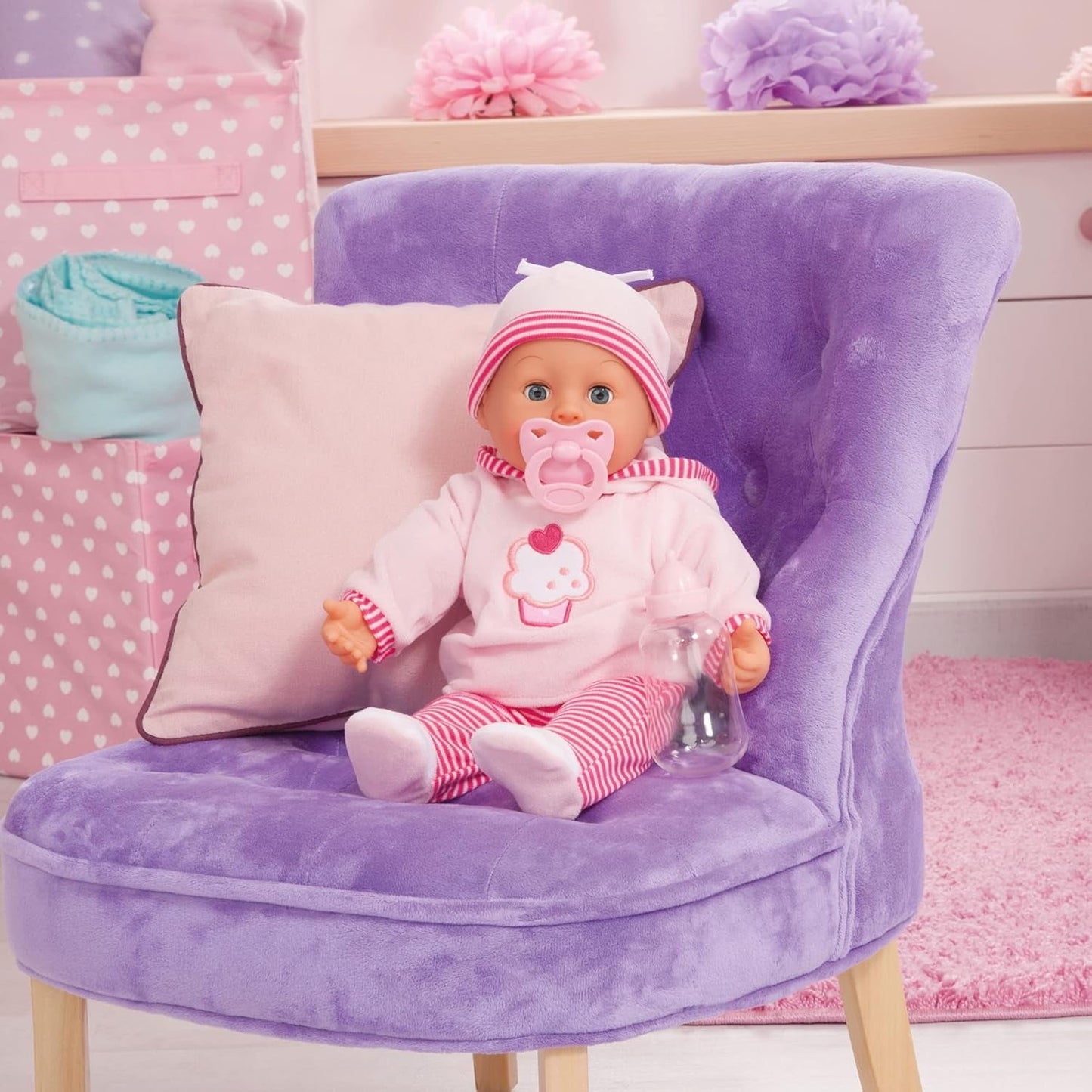 First Words Puppe mit Schlafaugen, spricht 24 Babygeräusche, mit Puppe und Flasche, 38 cm, rosa/gestreift Naty Shop Dolls