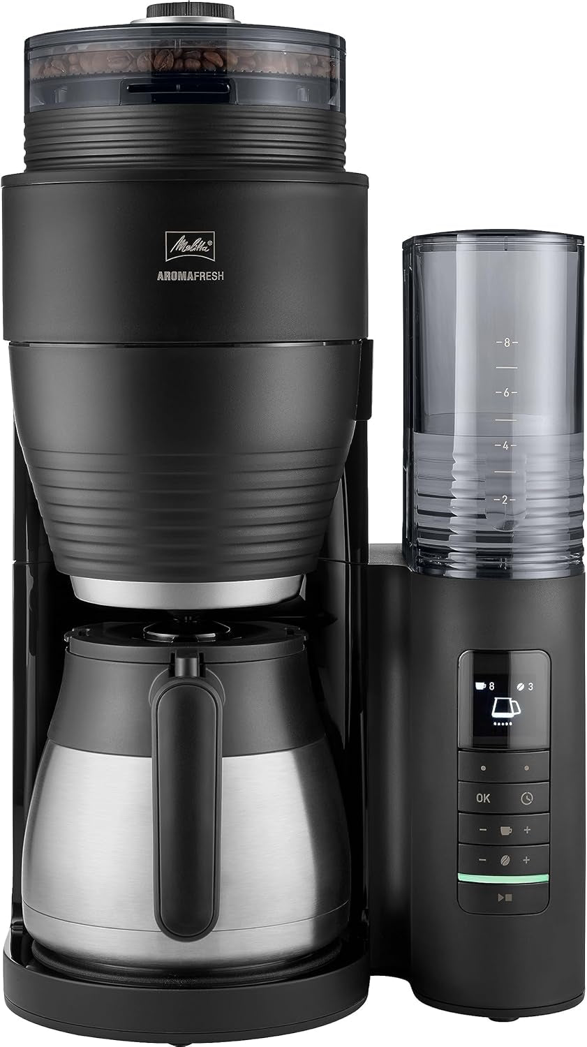 Melitta AromaFresh Therm Pro X – Espressomaschine mit Filter, integriertem Mahlwerk, abnehmbarem Wassertank, Thermokaraffe aus Edelstahl und Timerfunktion, für bis zu 8 Tassen Kaffee, Schwarz/Silber