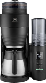 Melitta AromaFresh Therm Pro X – Espressomaschine mit Filter, integriertem Mahlwerk, abnehmbarem Wassertank, Thermokaraffe aus Edelstahl und Timerfunktion, für bis zu 8 Tassen Kaffee, Schwarz/Silber