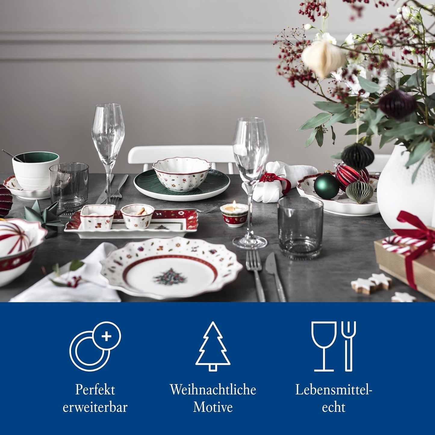 Villeroy & Boch - Toy's Delight Soßenset, 4-teilig, Servierplatte mit Schalen, weihnachtliches Soßenschalen-Set, Spielzeug-Tischdekoration, Serviertablett, Schüsseln, Weihnachtsgeschirr, Premium-Porzellan