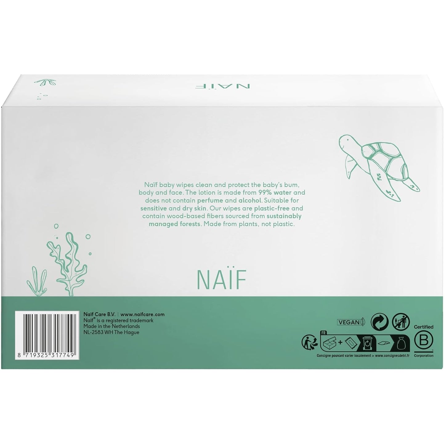 Plastikfreie Baby-Feuchttücher von Naïf, 432 Stück (8er-Pack x 54 Tücher) – Pflege für Babys Po, Körper und Gesicht – 99 % Wasser – 0 % Duftstoffe und Alkohol – Box mit nachhaltigen Feuchttüchern, empfindlicher Eukalyptus