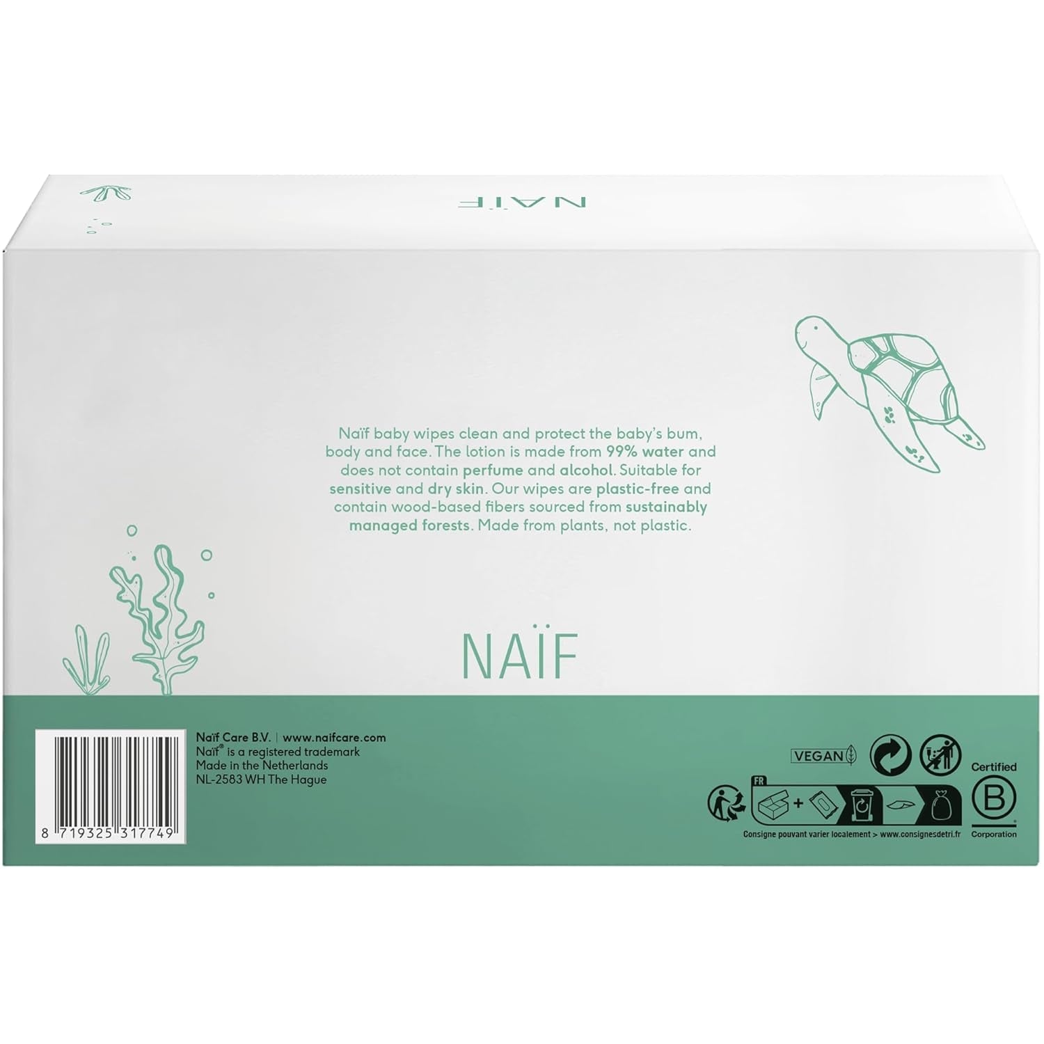 Naïf – Plastikfreie Feuchttücher – 864 Stück (16 Packungen à 54 Tücher) – Pflege für Babys Po, Körper und Gesicht – 99 % Wasser – 0 % Parfüm und Alkohol