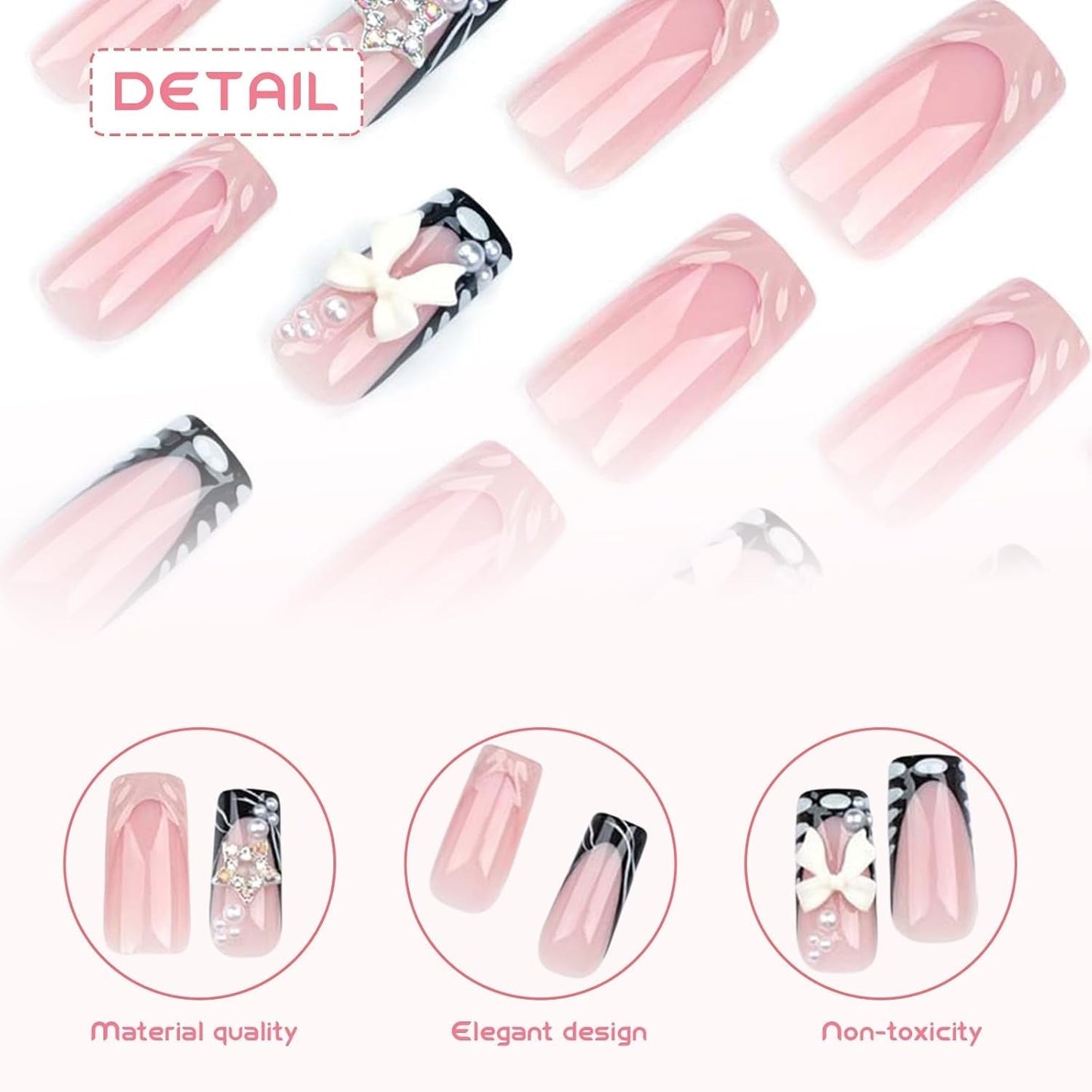 24 Stück mittellange 3D-Kunstnägel mit Strass, rosa, quadratisch, Perle, Glitzer, für Frauen und Mädchen