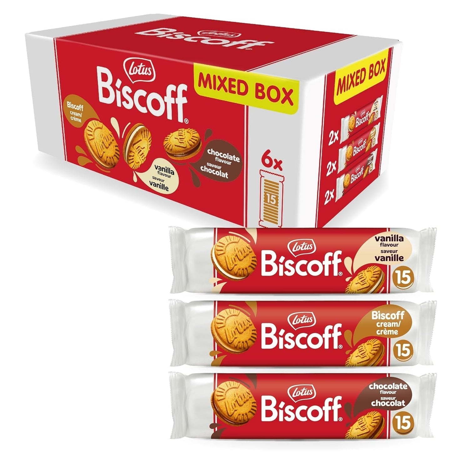 Lotus Biscoff | Doppelte Kekse-Sortenpackung | 3 Sorten | 2 Pakete pro Sorte | 15 Doppelkekse pro Packung | Inhaltsstoffe natürlichen Ursprungs | Keine Farbstoffe | 6 x 150g | 900g