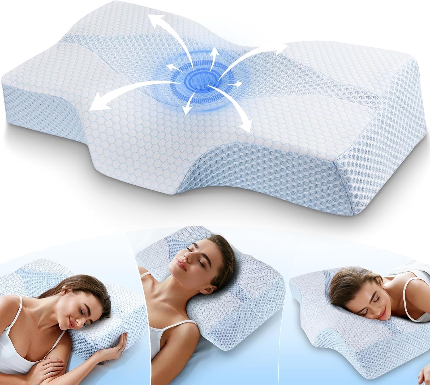 Memory-Schaum-Nackenkissen, ergonomisches orthopädisches Kissen für Nacken- und Schulterschmerzen – kühlendes Schlafkissen für Seiten-, Rücken- und Bauchschläfer mit Nackenstütze, orthopädische Nackenkissen, Naty Shop 01-blau, Standardgröße (25 x 16 x 4,2/5,3), 01-blau, Standardgröße (25 x 16 x 4,2 x 5,3 Zoll)