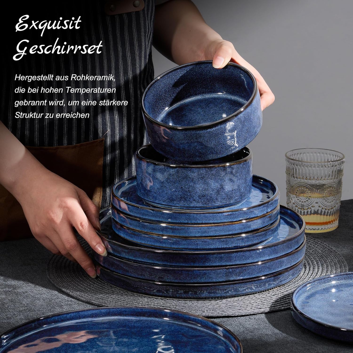 Homikit Geschirrset, 12-teiliges Geschirrset für 4 Personen, Kombiservice mit Tellern, Desserttellern und Müslischalen, mikrowellen- und spülmaschinenfest, elegantes Blau