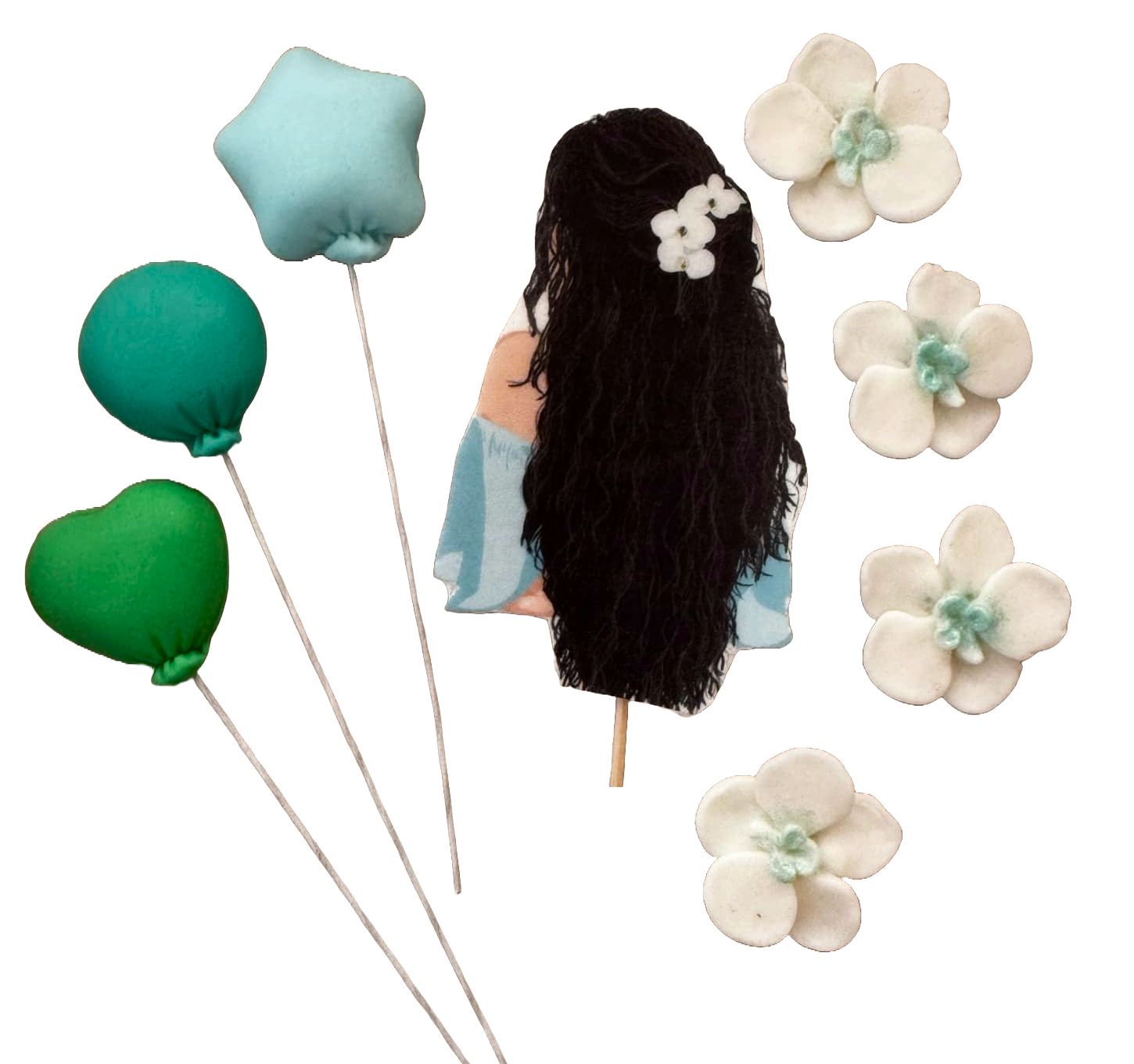 Set mit 8 essbaren Dekorationen aus Zuckerpaste, schöne Dame, schwarzes Haar. Dekorationen aus Zuckerpaste, Naty Shop