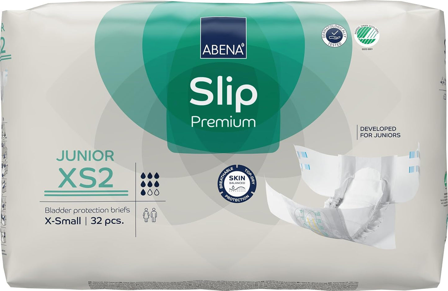 Premium-Slip-Windeln für Junioren, Umweltzeichen, verbesserter Auslaufschutz, sichere und bequeme Babywindeln – Größe 7/XS2, Taillenumfang 40–60 cm, Alter 5–15 Jahre, 1 x 32er-Pack