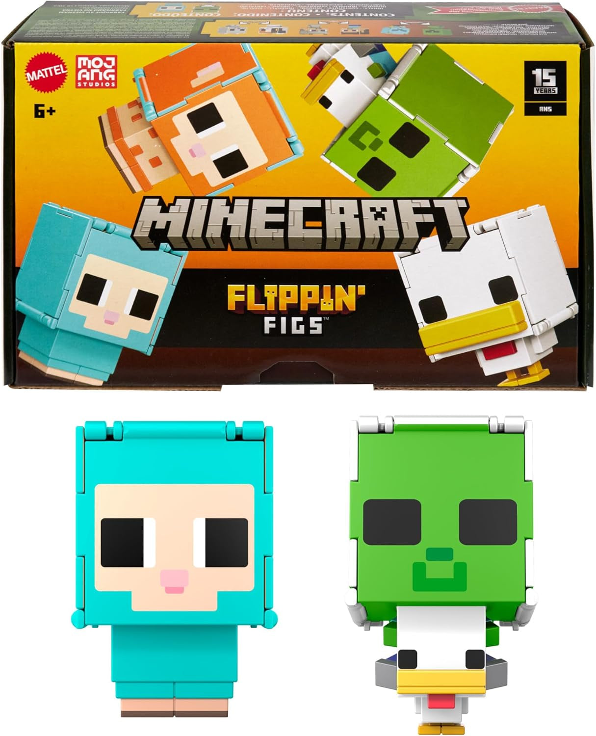 Mattel Minecraft Flippin' Figs Schaf und Huhn 2er-Pack mit 2-in-1-Spielfiguren, großen Köpfen und Pixel-Design HXK17 Actionfiguren Naty Shop Schaf und Huhn