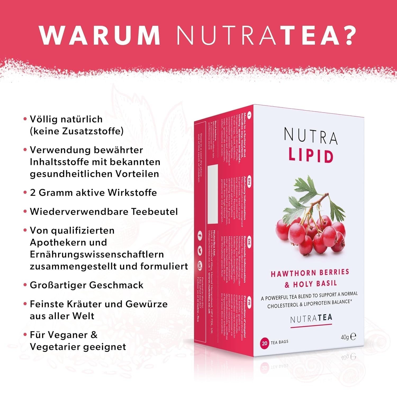Nutra Tea NUTRALIPID, blutzuckerausgleichender Tee. Hilft, den Blutzuckerspiegel aufrechtzuerhalten, Schlankheitstee verbessert den Stoffwechsel und kann den Appetit unterdrücken, 20 wiederverwendbare Teebeutel