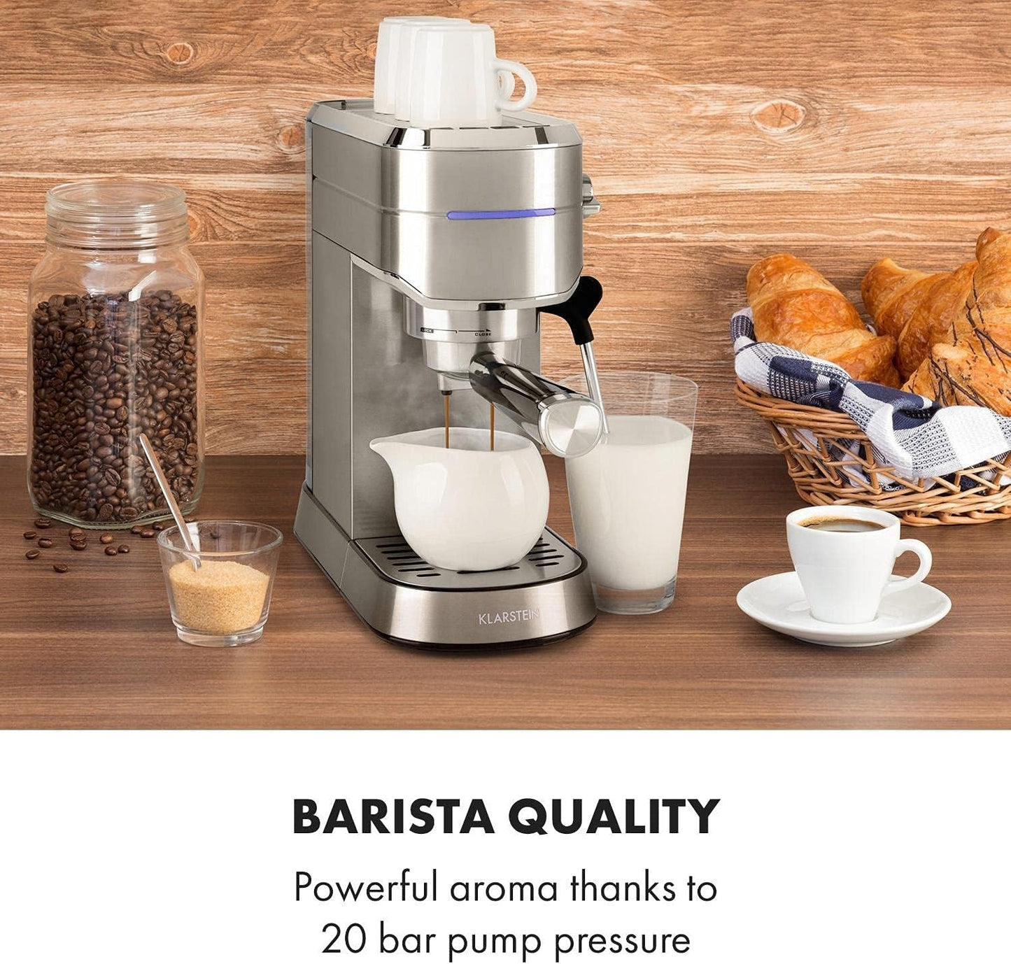 Klarstein Futura Espressomaschine, tragbare Filter-Espressomaschine, 1450 W, 20 bar, Barista-Qualität, Doppeldüse, Flow Stop, tragbare Filter-Espressomaschine, Milchaufschäumfunktion, Silber
