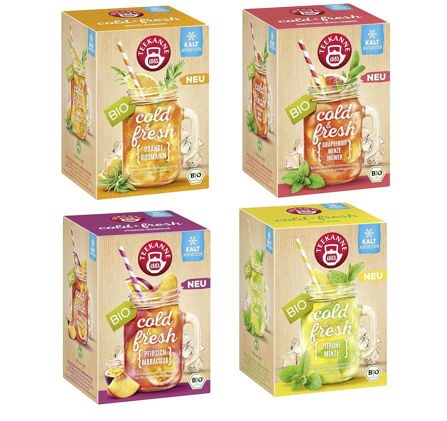 Teekanne Cold & Fresh BIO 4Er Mix – Mit den neuen Sorten Zitrone-Minze, Pfirsich-Maracuja, Orange-Rosmarin, Grapefruit-Minze-Ingwer (4 X 45G)