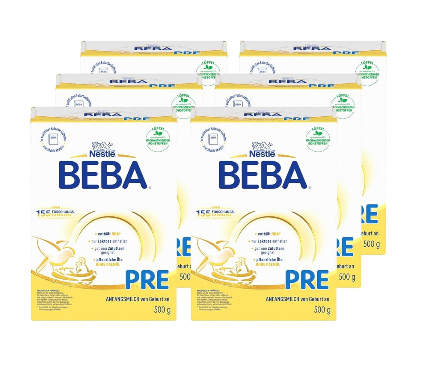 BEBA PRE Anfangsmilch von Geburt an, Babynahrung mit DHA, nur Laktose, ohne Palmöl, Packung 3 (3 x 800 g) Naty Shop PRE, Set 6 x 500 Gramm 6 x 500 Gramm