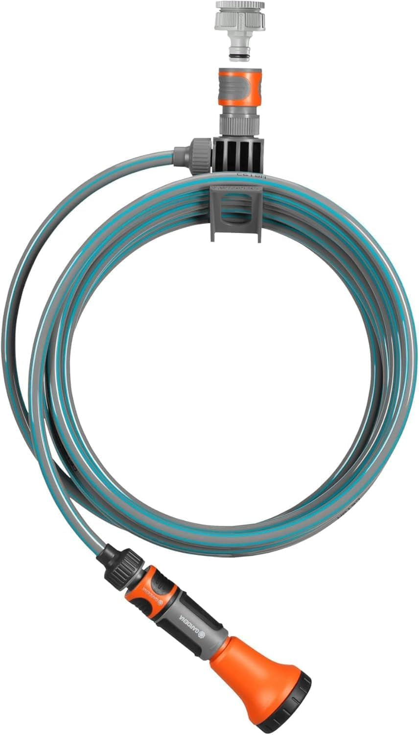 Gardena 4647-20 Spiralschlauch-Komplettset, mit automatischem Schlauchrückzug, mit Sprühdüse und Hahnanschluss (Schlauchlänge: 10 m, Schlauchdurchmesser: 9 mm, Set: ja)