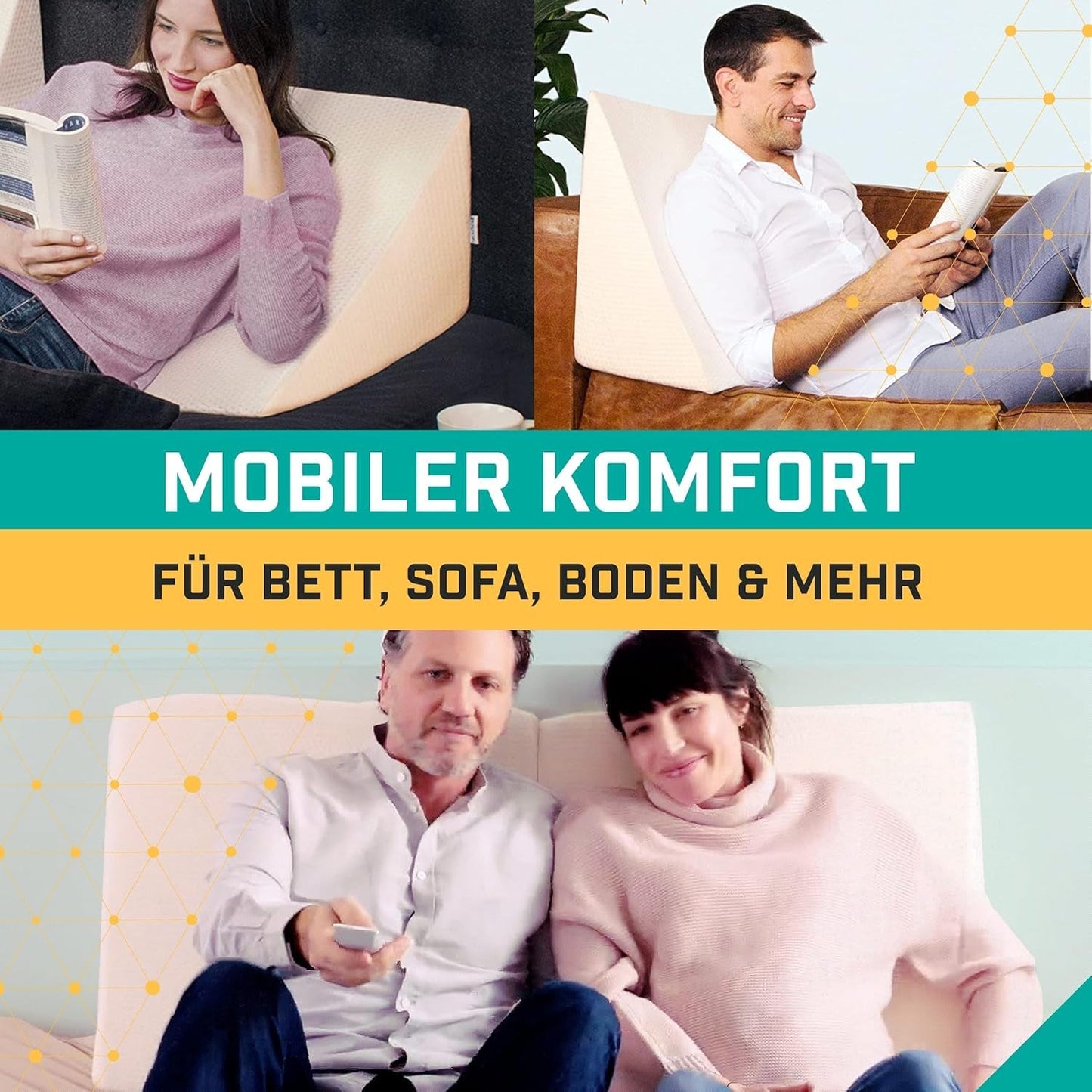 Keilkissen für Bett und Sofa – Ideal als Lesekissen, Rücken im Bett oder zum Hochlegen der Beine – Formstabiler Schaumstoff – Bezug waschbar