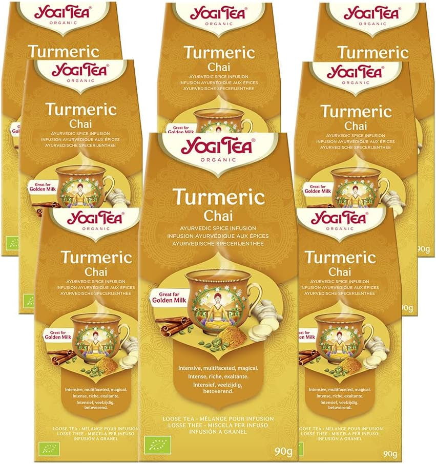 Yogi Tea – Kurkuma Chai Bio-gewürzter ayurvedischer Tee, koffeinfrei, Kurkuma-Zimt-Ingwer-Mischung, Yogi-Tee lose, 8 x 90 g (720 g) Packung, ideales Geschenk
