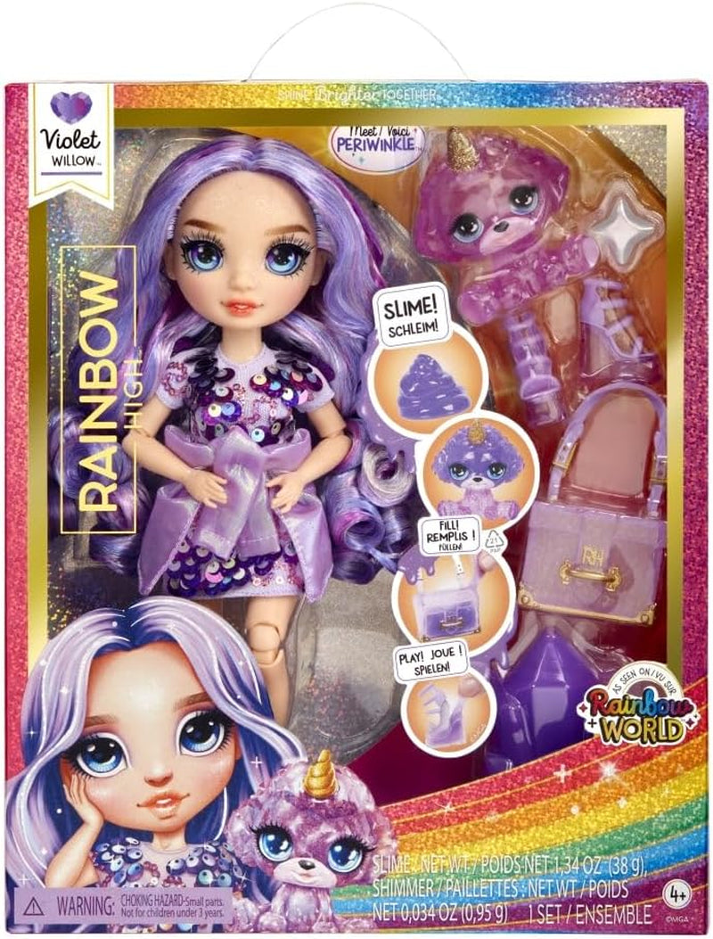 Rainbow High Modepuppe mit Schleim und Haustier – Lila – 28 cm große Glitzerpuppe mit Glitzerschleim, magischem Haustier und Modeaccessoires – Spielzeug für Kinder – ideal für 4–12 Jahre