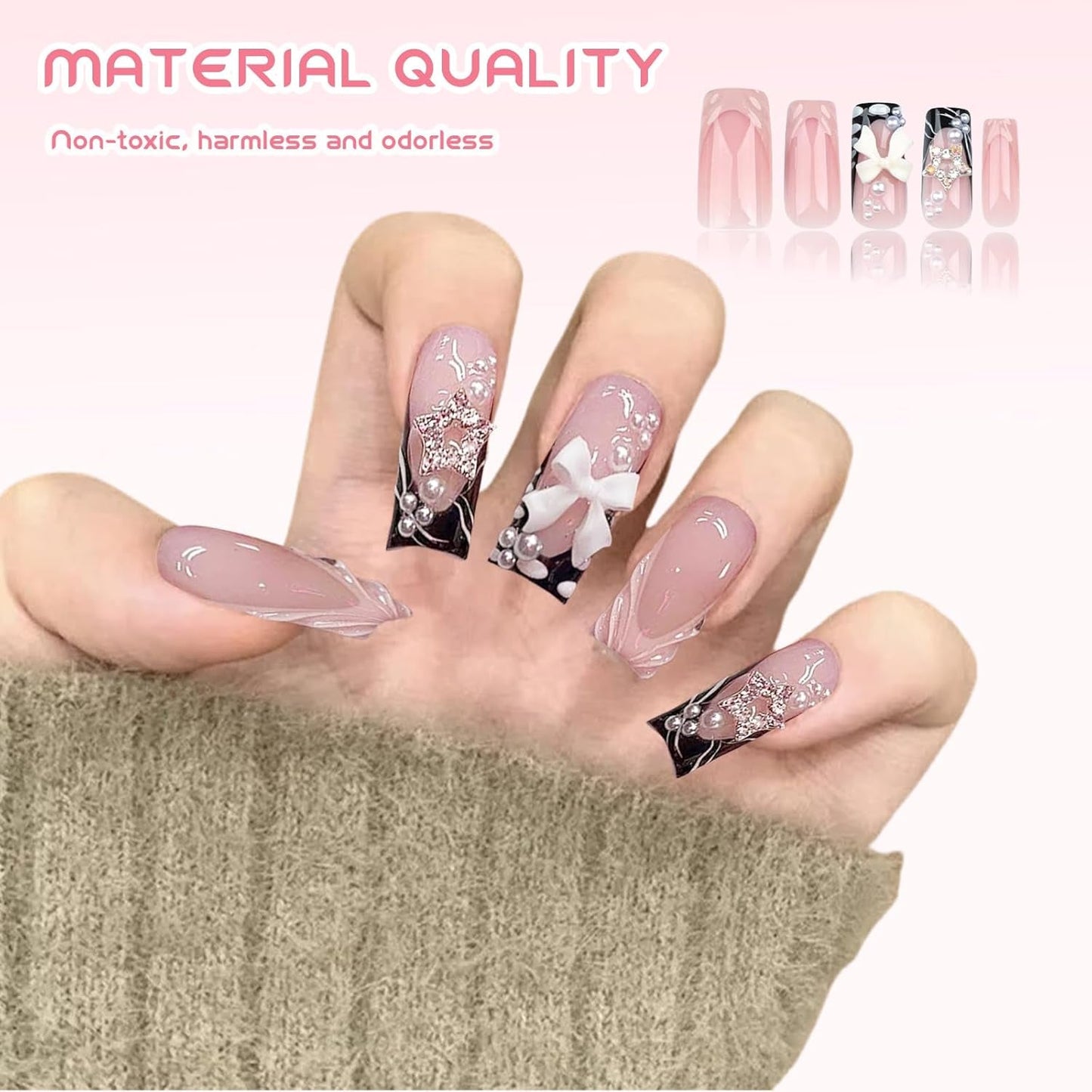 24 Stück mittellange 3D-Kunstnägel mit Strass, rosa, quadratisch, Perle, Glitzer, für Frauen und Mädchen