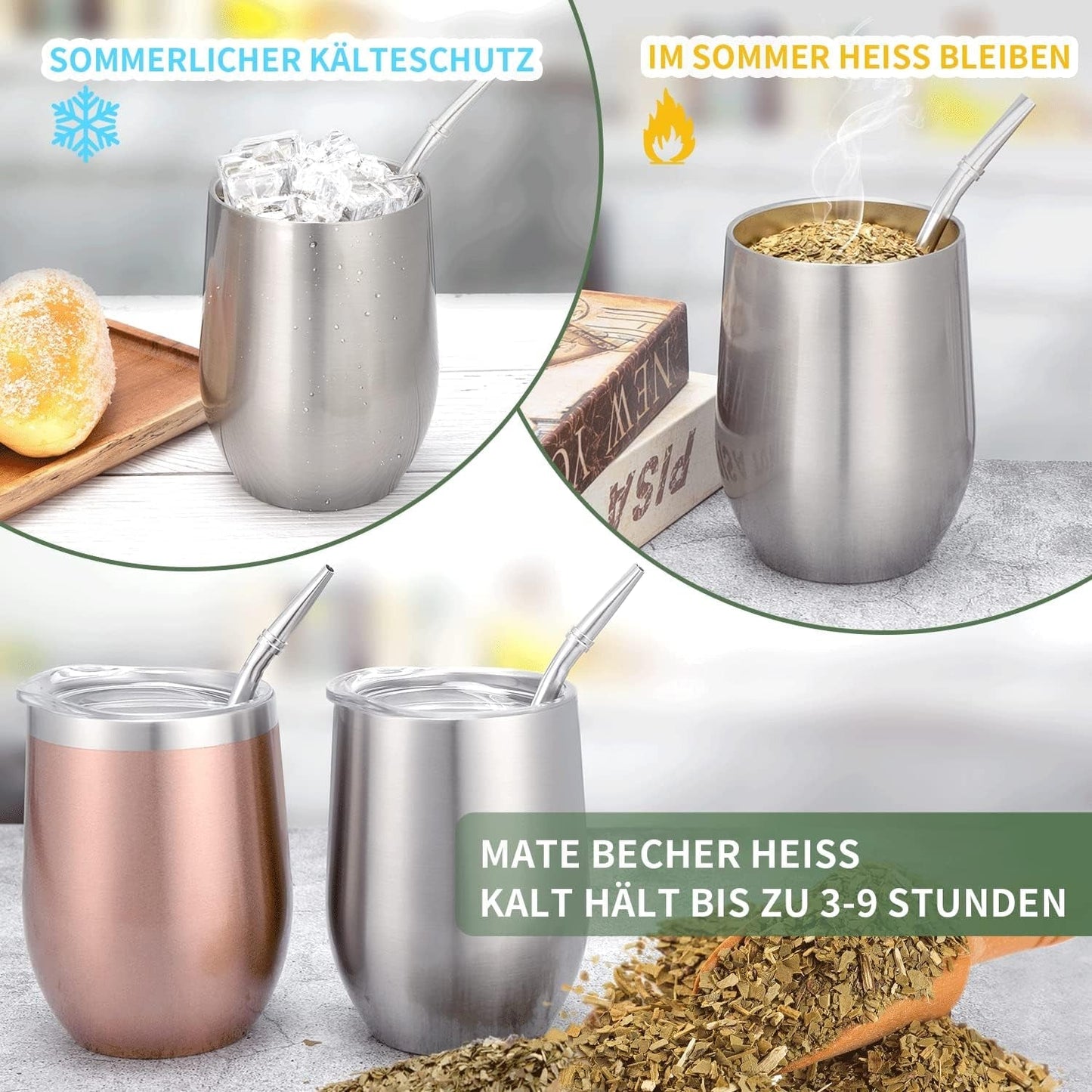 Moderner Mate-Becher 340 ml, isoliertes doppelwandiges Edelstahl-Yerba-Mate-Becher-Set, Mate-Teebecher mit BPA-freiem Deckel, Bombillas und einer Reinigungsbürste (Silber)