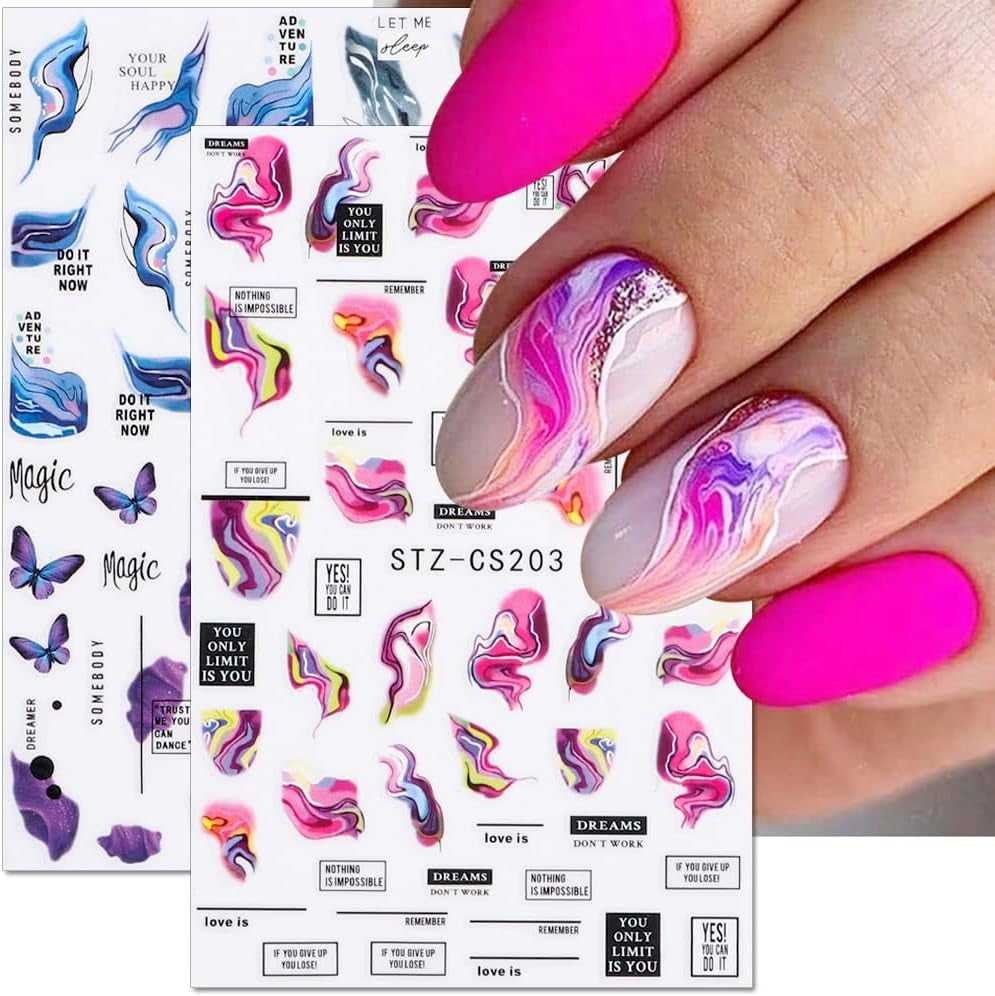6 Blatt 3D Lila Schmetterling Nagelstickers Selbstklebend Nagelaufkleber Schmetterlinge Nail Sticker Bunte Blühen Marmor Nagel Aufkleber Regenbogen Welle Linien Nail Art Aufkleber Nageldesign Zubehör