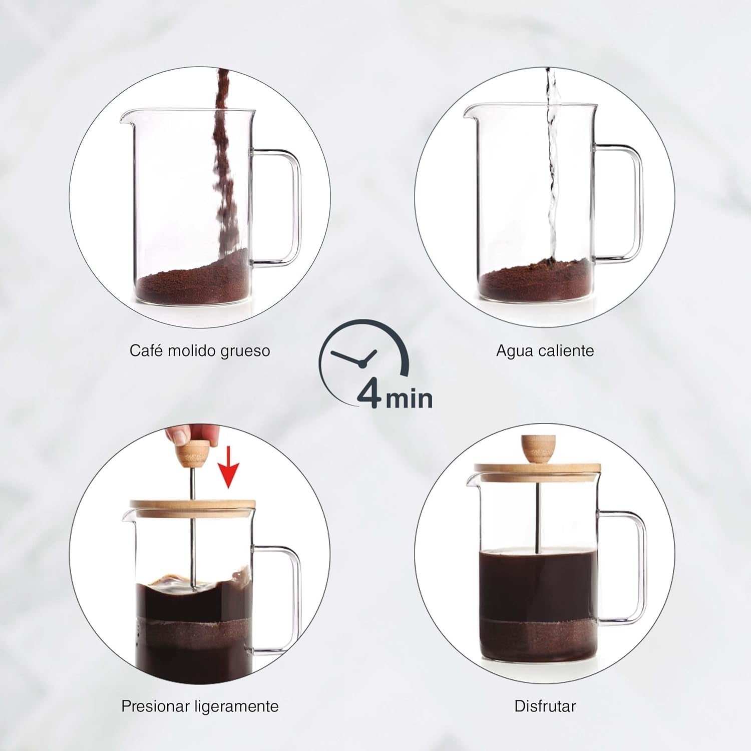 Französische Kaffeemaschine, Kaffeepresse, Kolbenkaffeemaschine, französische Filterkaffeekanne, 3 Tassen, 0,35 l, Stahl und Holz