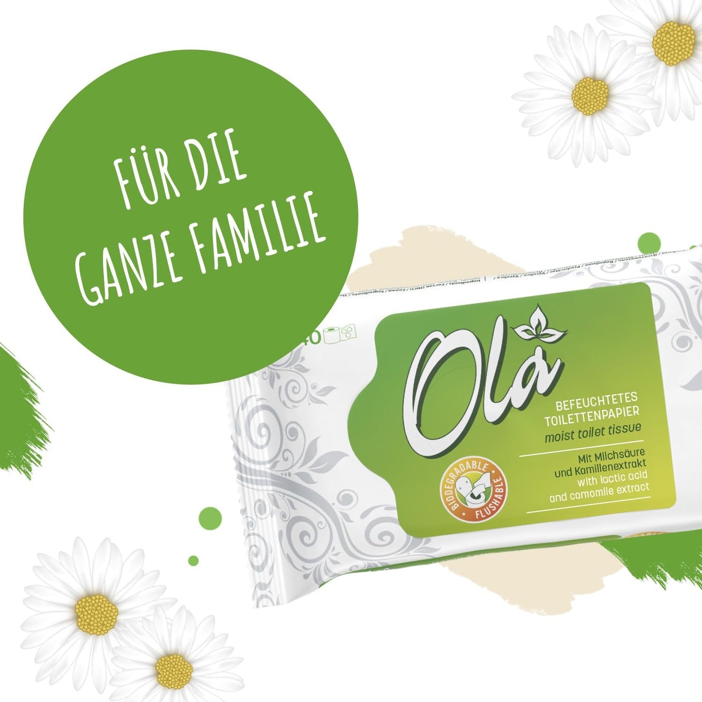 OLA Nasses Toilettenpapier – (1X40 Stück) Feuchttücher – Kamillenextrakt und Milchsäure, waschbar, empfindliche Haut – 40 Stück