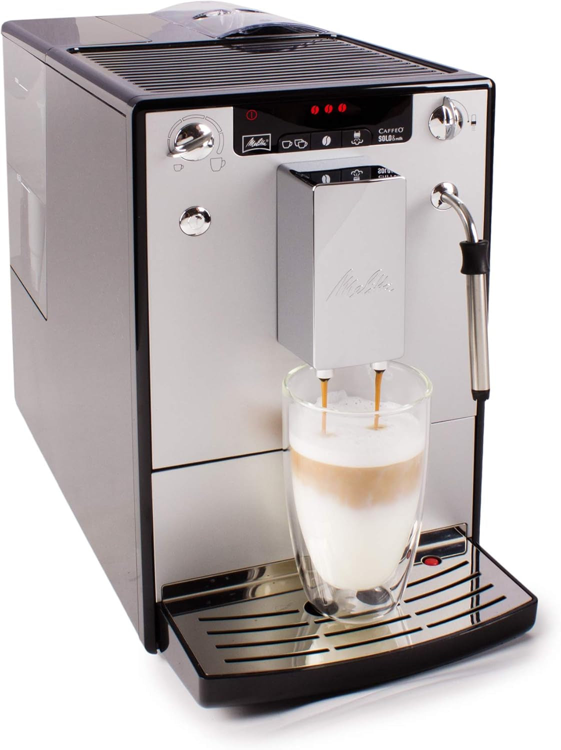Melitta Solo & Milk – Vollautomatische Slim-Kaffeemaschine mit Milchaufschäumer, Kaffeemaschine mit abnehmbarem Wassertank, z.B. Kaffee oder Cappuccino, Silber