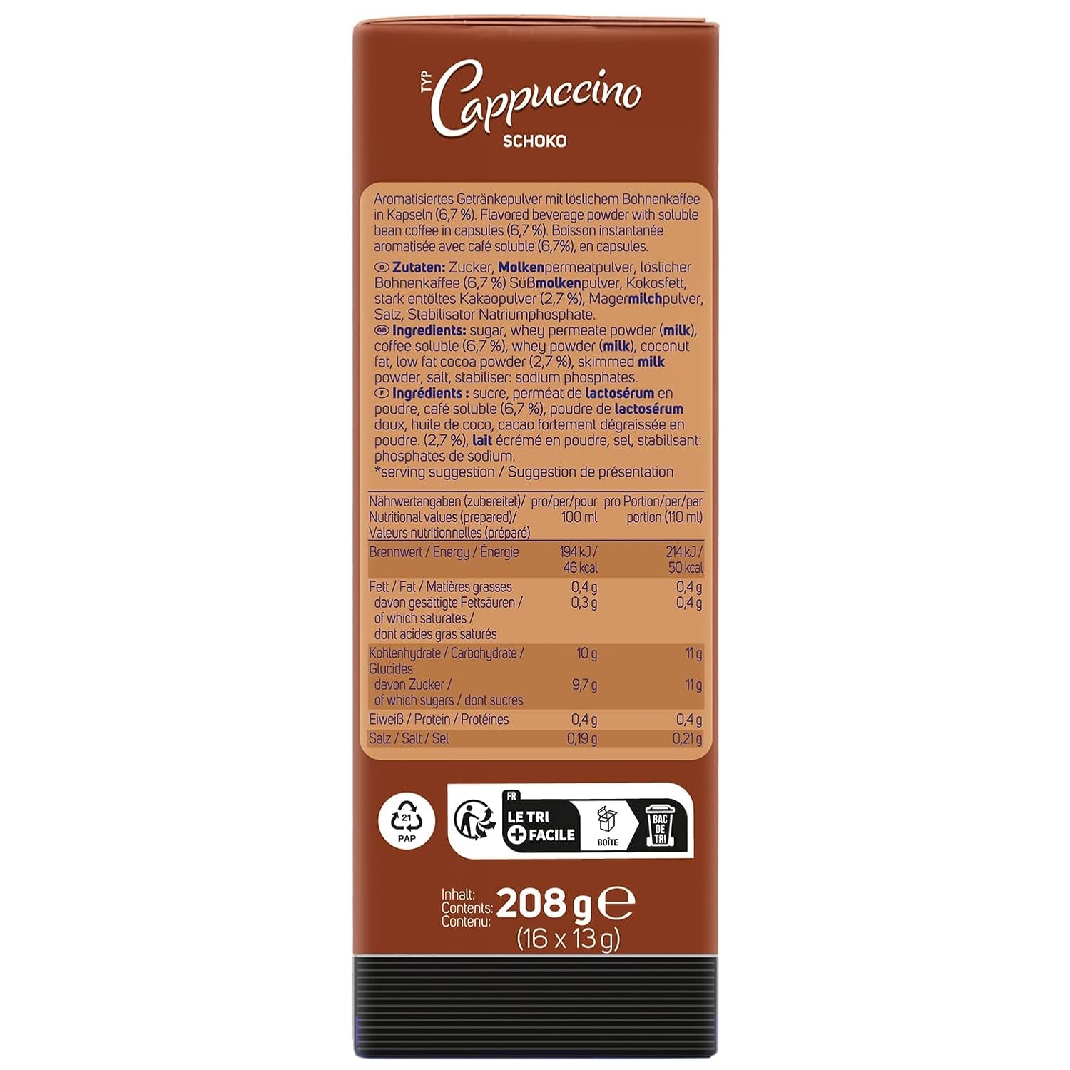KRÜGER Cappuccino Schoko Kaffeekapseln, kompatibel mit K-fee und ALDI EXPRESSI* Kapselmaschinen, aromatisierter Instantkaffee, 96 Kapseln