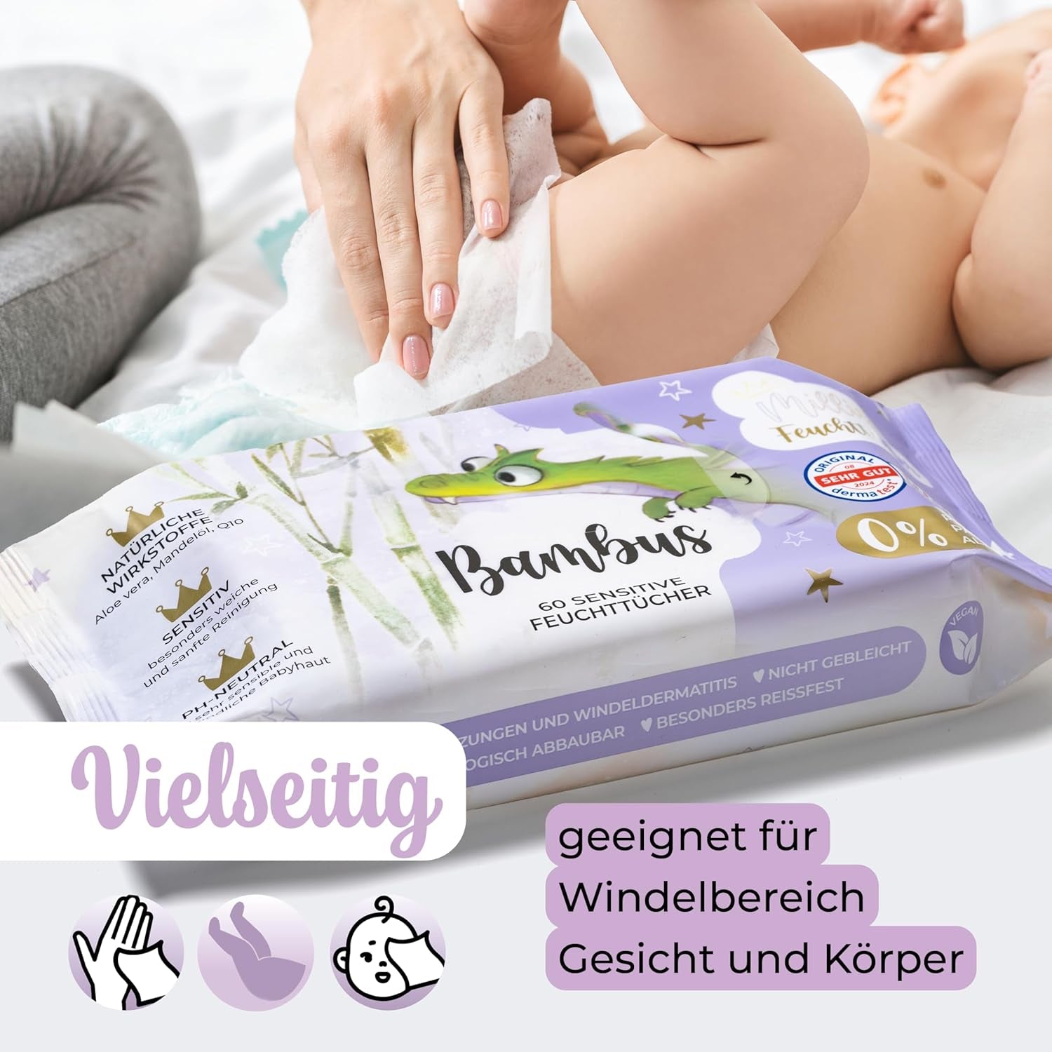Millis Bamboo Baby Sensitive Feuchttücher für zarte Babyhaut – 5 x 60 Stück – Natürliche, sanfte und nachhaltige Reinigung – Biologisch abbaubare Babytücher, plastikfrei und alkoholfrei